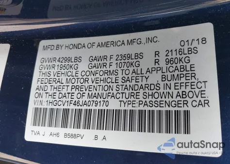 2018 Honda Accord Ex из США, поврежденный, VIN 1HGCV1F46JA079170